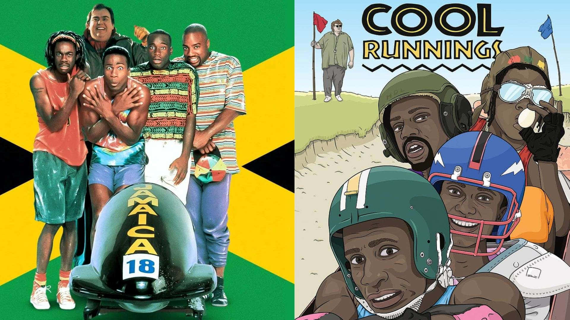  壁紙 — 《Cool Runnings》的分割海報，展示牙買加國旗背景下的雪橇隊和賽道上戴頭盔的雪橇選手。