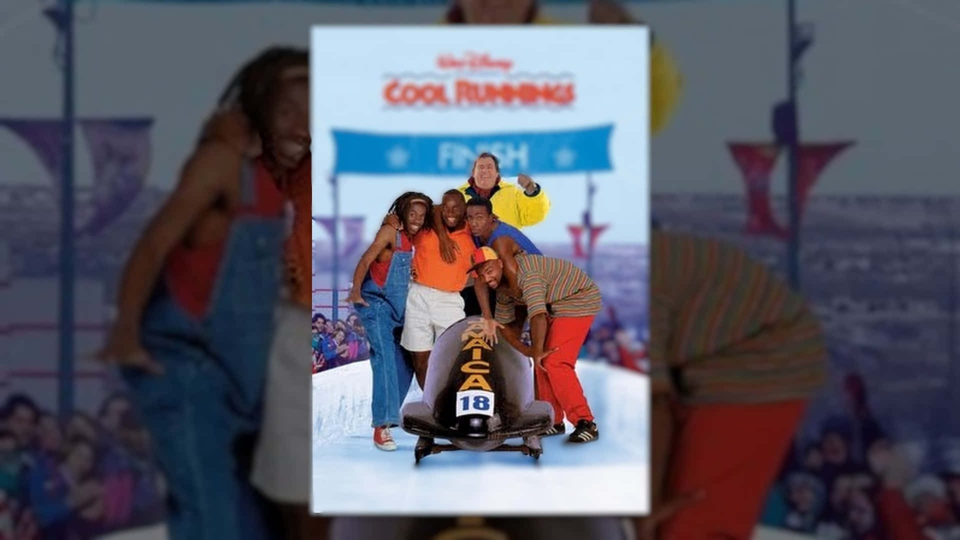  壁紙 — 《Cool Runnings》的鮮豔電影海報展示了一支快樂的雪橇隊在終點線慶祝，色彩明亮，表情充滿活力。