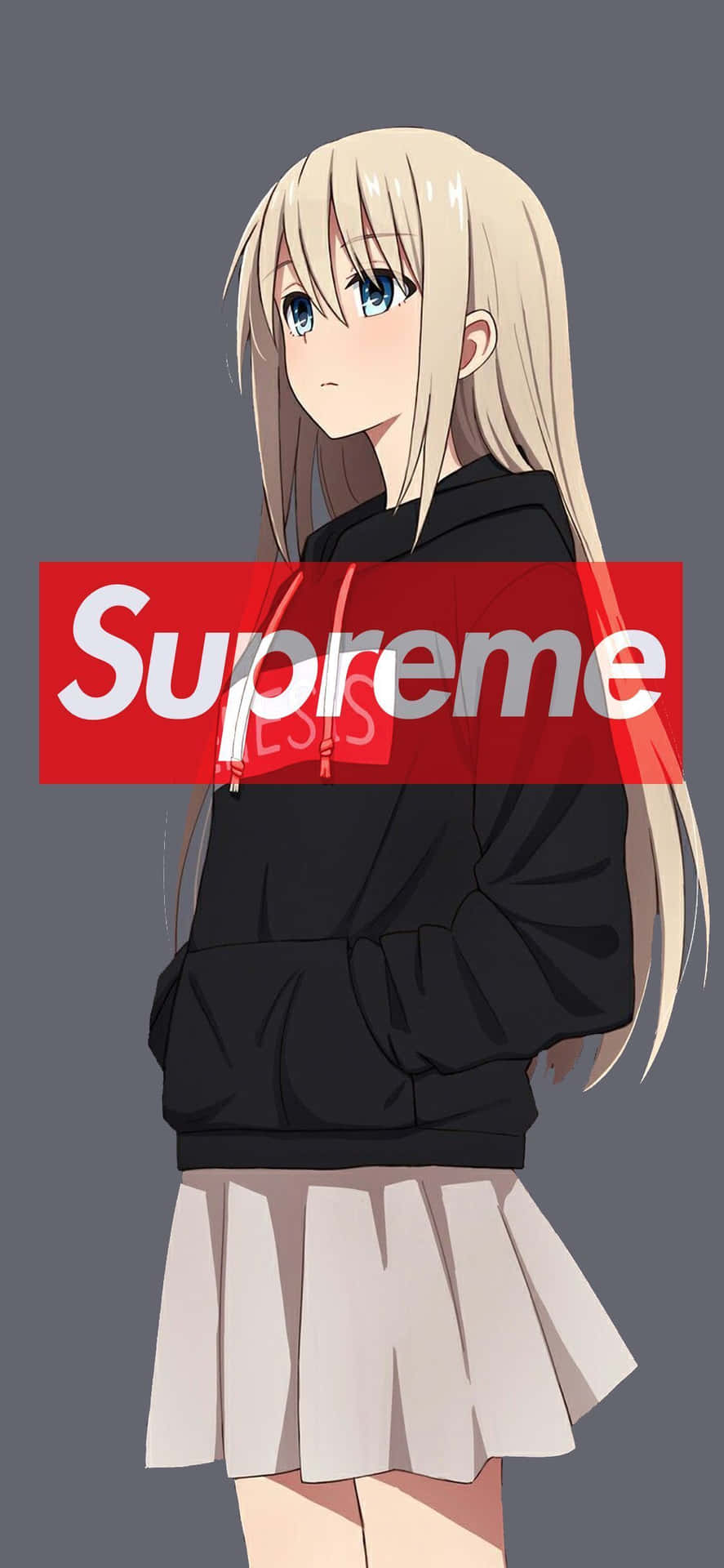 穿著帶有紅色Supreme標誌的黑色連帽衫和米色裙子的動漫女孩。
