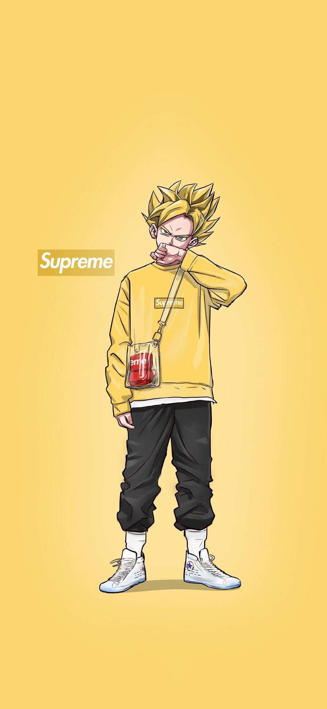 以 Cool Supreme Anime 提升你的風格與遊戲表現！ 壁紙 — 動漫角色，黃色尖刺頭髮，穿著黃色Supreme連帽衫，袋中裝著紅色汽水，背景為純黃色。