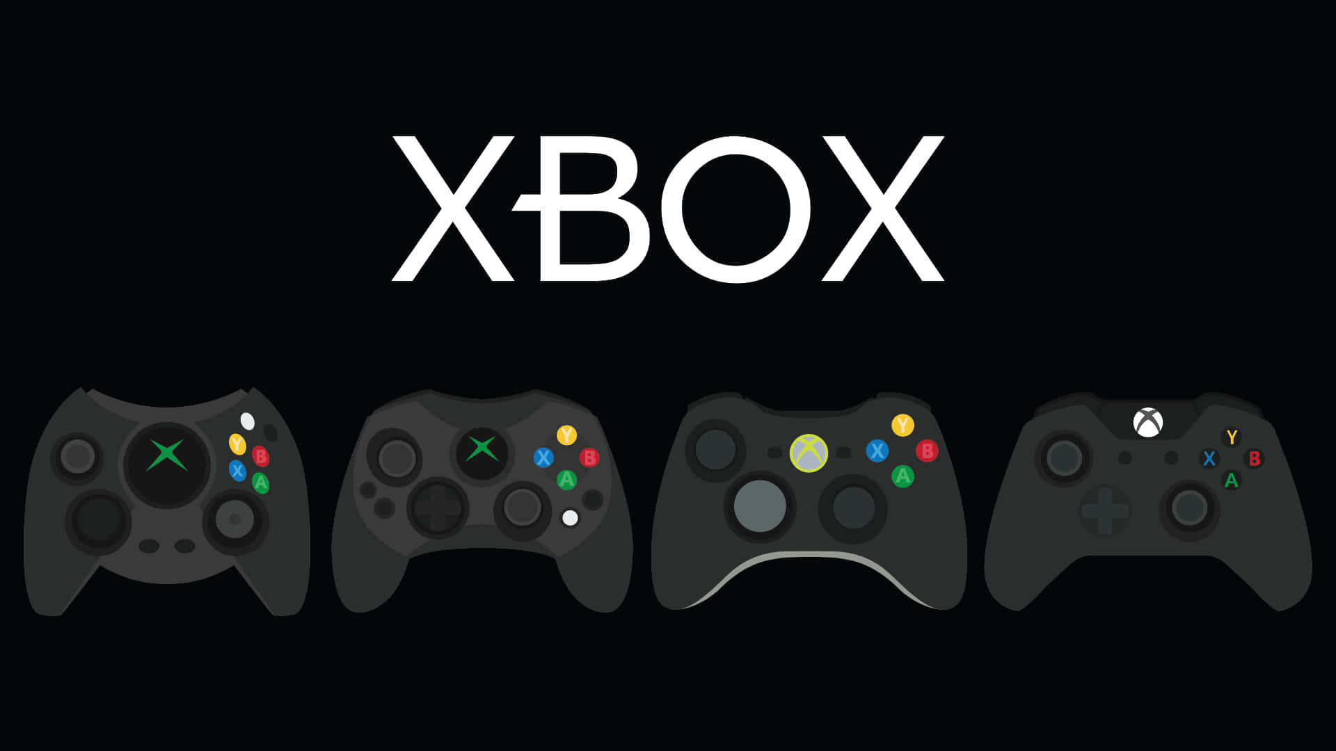 Cool Xbox 遊戲系統 壁紙 — 四個Xbox手掣排成一列，黑色背景上方有白色Xbox標誌。