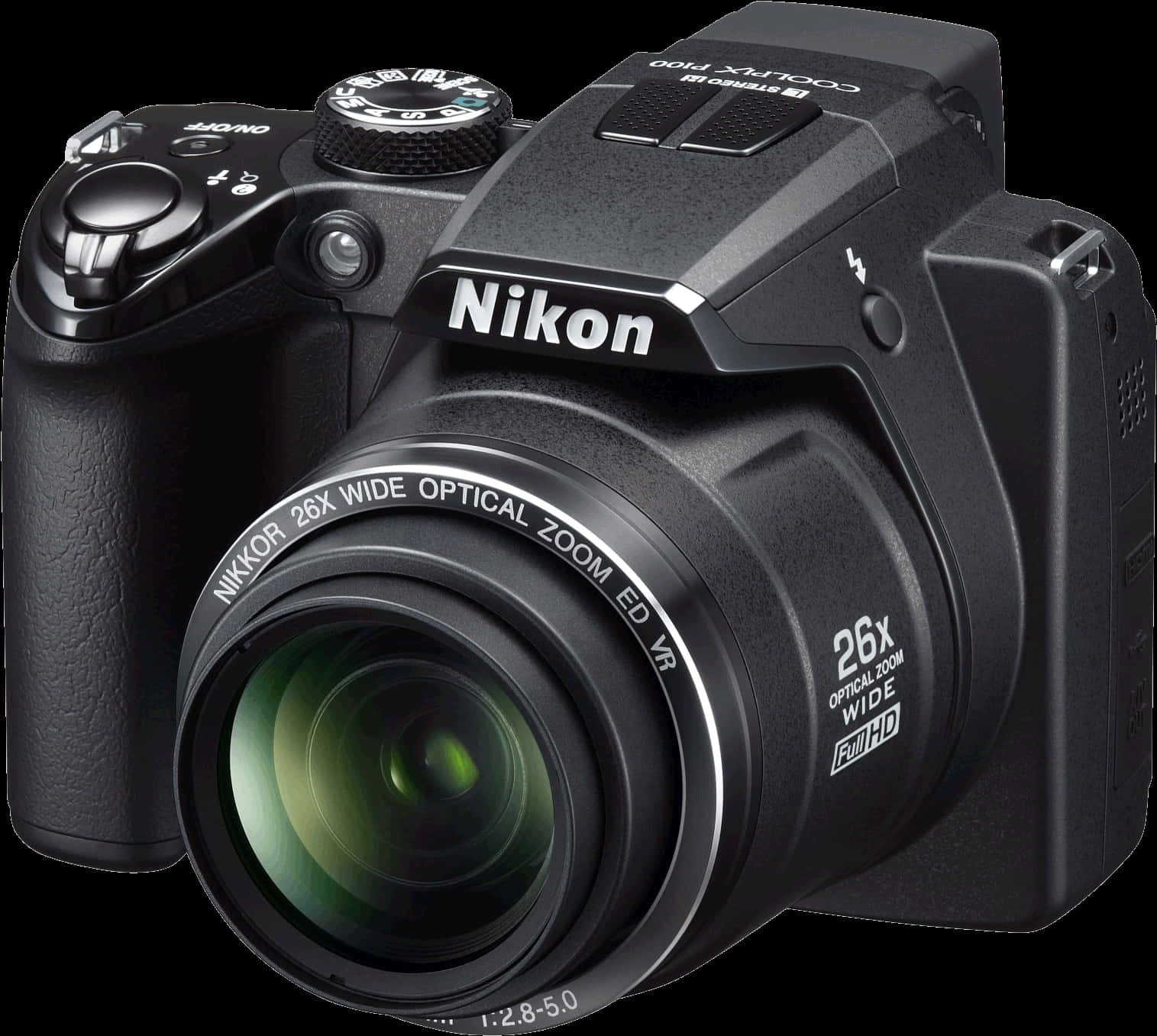尼康 Coolpix P500 DSLR 相機 壁紙 — 一部時尚的黑色Nikon COOLPIX相機，配備26倍光學變焦鏡頭，在純白色背景上清晰顯示細節。