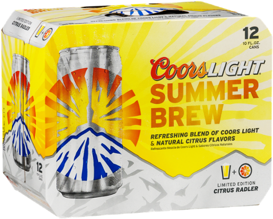 Coors Light 夏日特調柑橘風味啤酒組 壁紙 — 一包亮黃色的 Coors Light Summer Brew 12罐裝，帶有山脈圖案和柑橘風味文字。