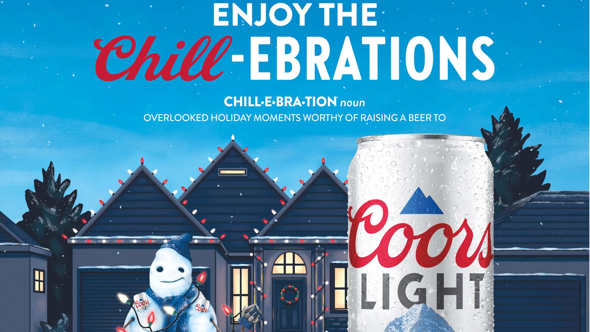 Coors Light啤酒罐與雪人和節日燈飾在雪白的郊區。