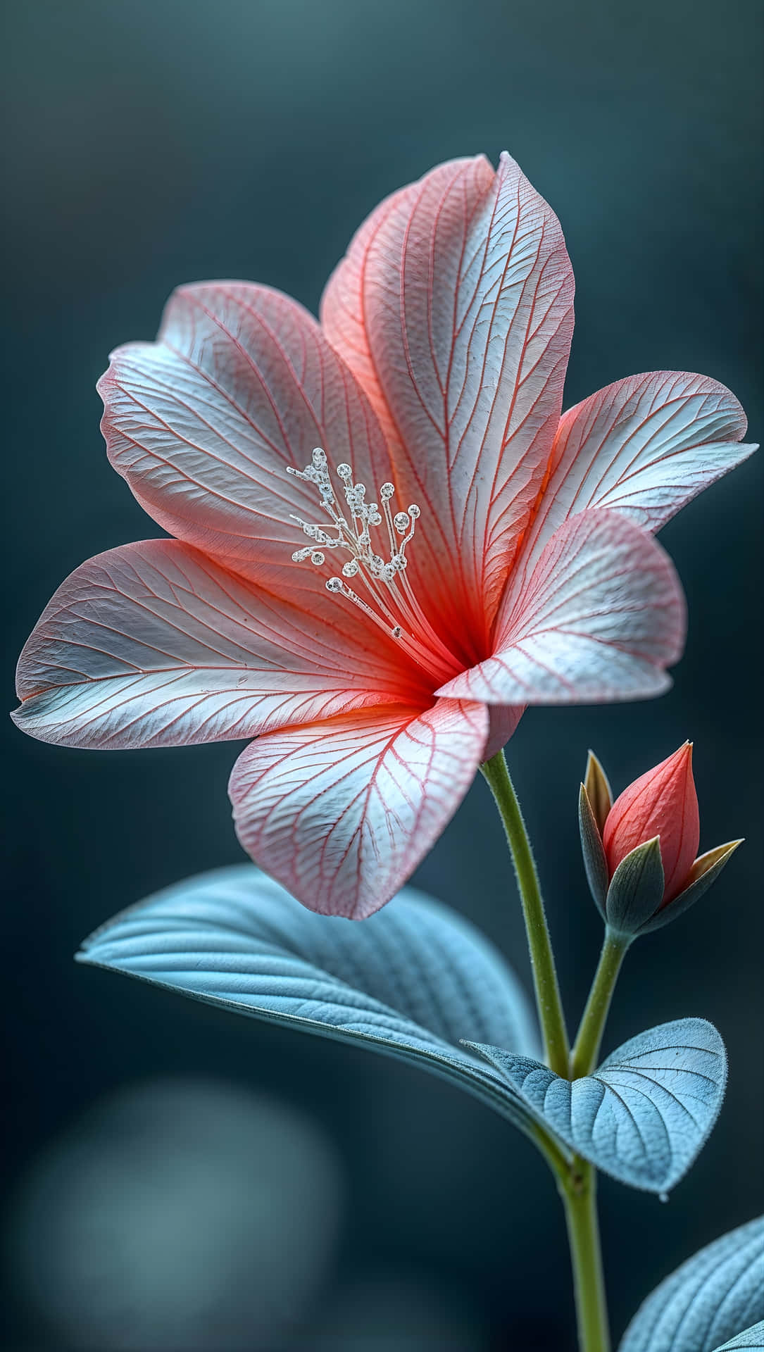 一朵帶有白色脈絡的粉紅色芙蓉花和一個花蕾，在藍綠色背景上
