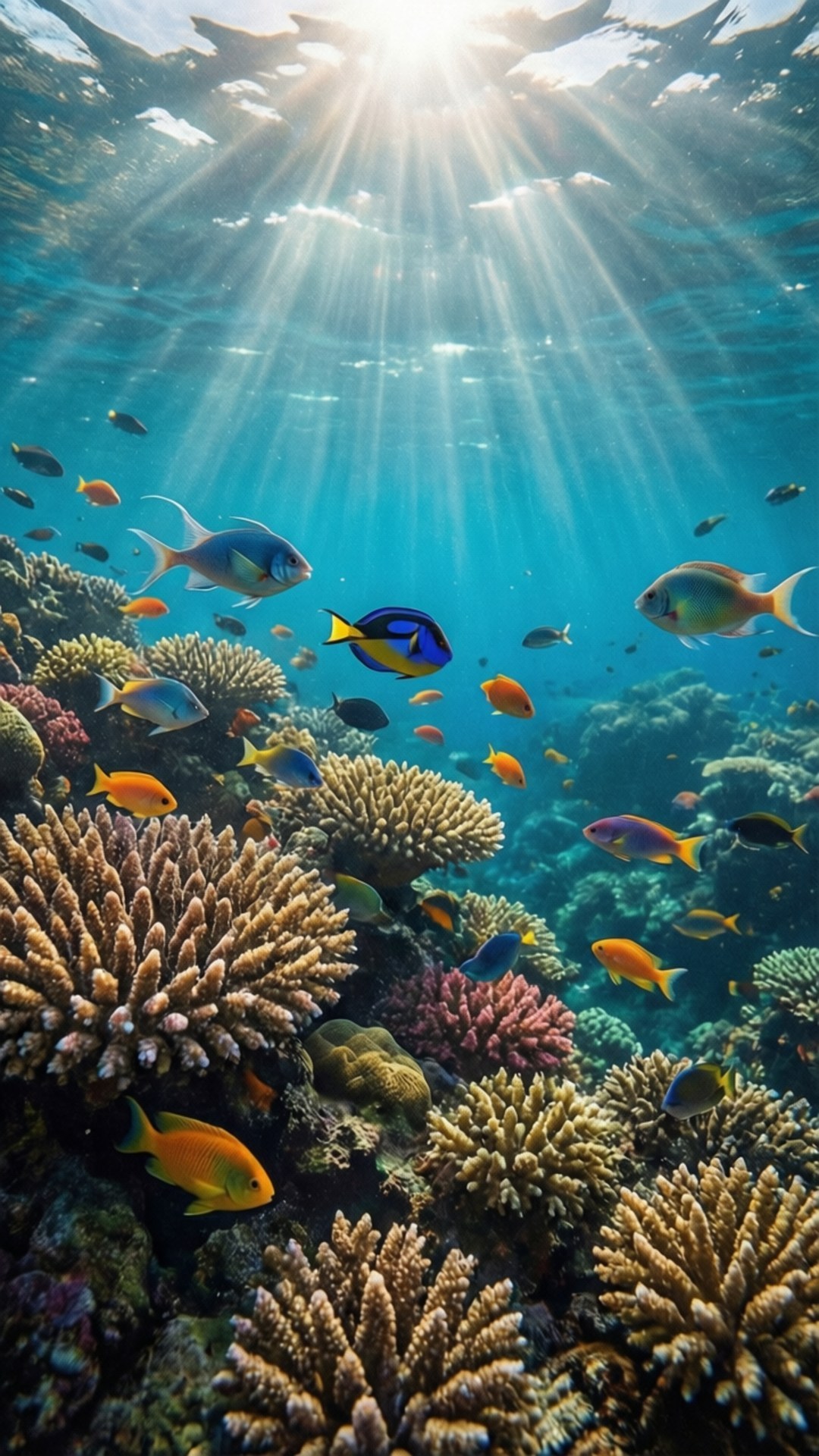 生機勃勃的珊瑚礁充滿色彩繽紛的魚類，在清澈藍色海水中明亮的陽光下