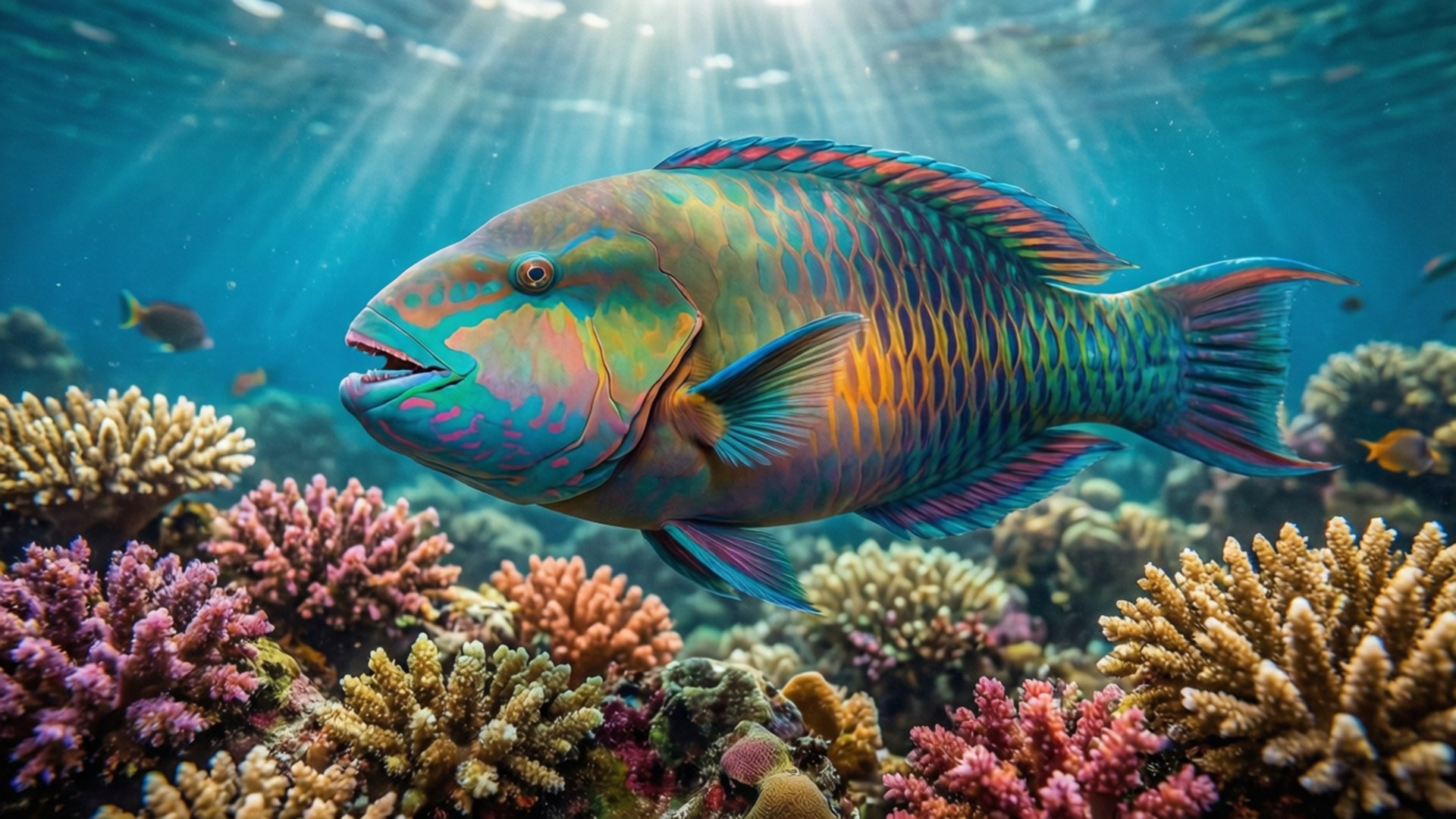 一條色彩繽紛的鸚鵡魚在珊瑚礁上方滑行，陽光透過海水過濾。