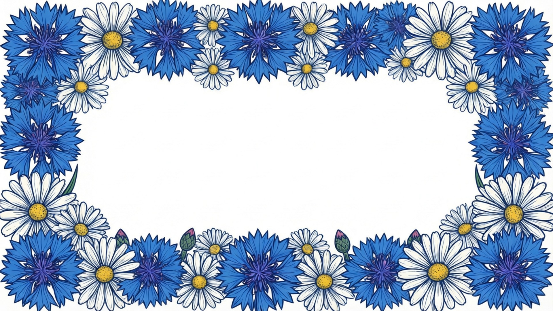 Cornflower and Daisy Frame 壁紙 — 藍色矢車菊和帶有黃色中心的白色雛菊裝飾邊框圍繞著一個空白的白色空間。