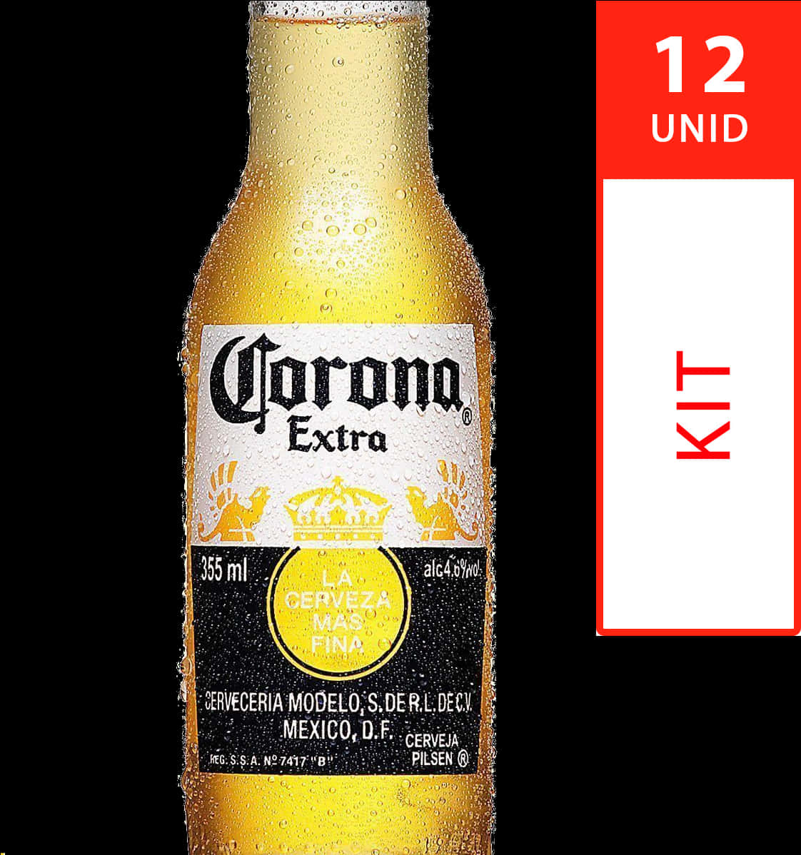 Corona Extra啤酒瓶 壁紙 — 冰凍的Corona Extra啤酒瓶在純黑背景上閃爍著冷凝水珠，旁邊有一個紅色的「12 UNID KIT」標籤。