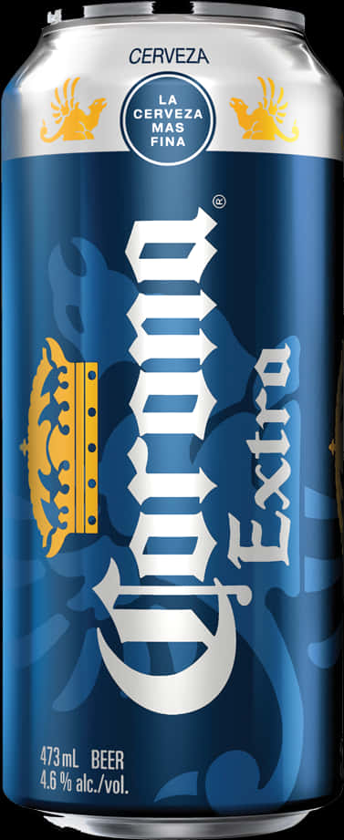 Corona Extra啤酒罐設計 壁紙 — 一個時尚的藍銀色 Corona Extra 啤酒罐，帶有粗體白色字體和金色皇冠標誌，背景為深藍色。