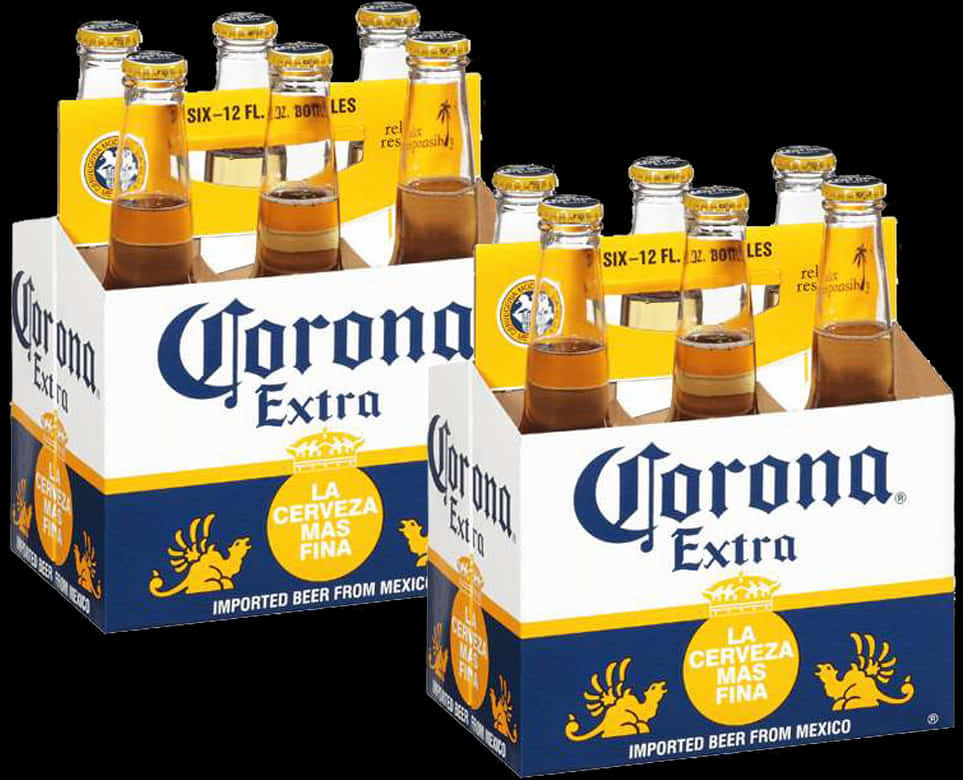 Corona Extra啤酒瓶裝包裝 壁紙 — 兩組六罐裝Corona Extra啤酒瓶，金色液體和標誌性藍黃包裝，黑色背景。