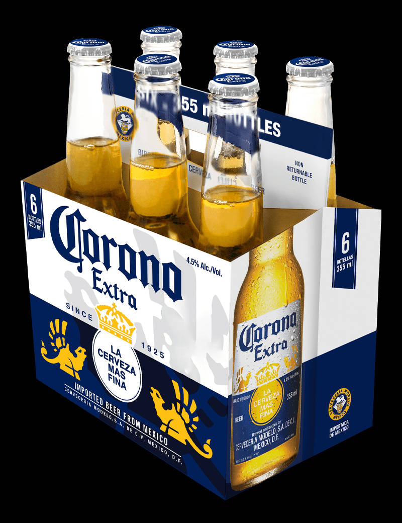 Corona Extra 六瓶裝盒 壁紙 — 六瓶Corona Extra啤酒放在一個藍白紙板提架上，背景為黑色。
