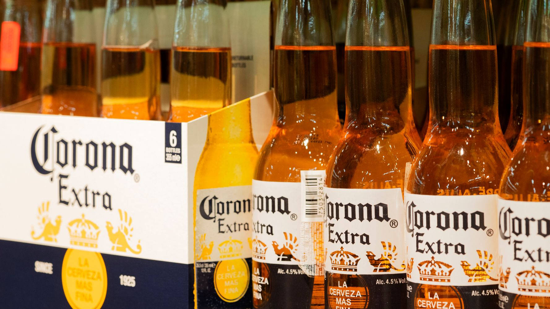 Corona Extra 啤酒 壁紙 — 一排排Corona Extra啤酒瓶，裝有金色液體和白色標籤，旁邊放著一個有品牌的紙箱，在商店環境中。