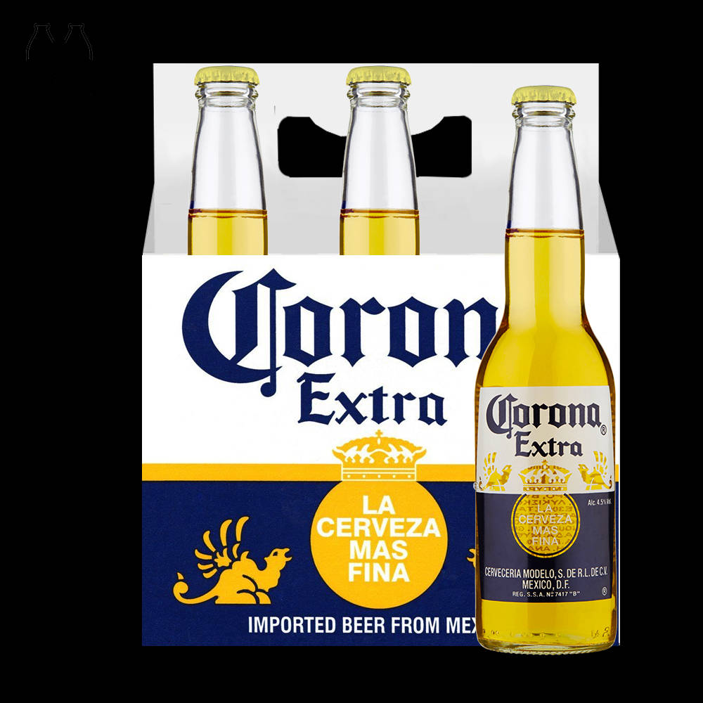 Corona Extra 啤酒圖形藝術 壁紙 — 一組六罐Corona Extra啤酒，前面有一支單獨的瓶子，黑色背景。
