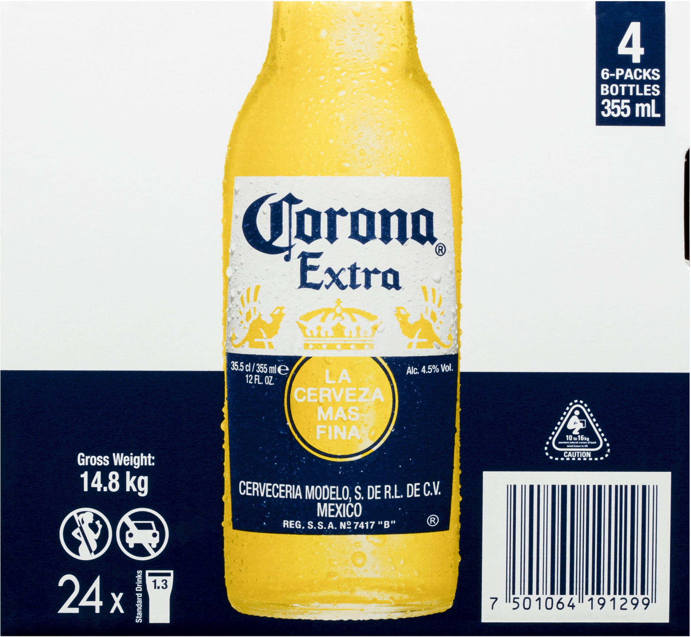 Corona Extra 啤酒盒裝佈局 壁紙 — 特寫鏡頭，一瓶冰凍的Corona Extra啤酒瓶，表面凝結水珠，背景為白色和藍色的紙板包裝。