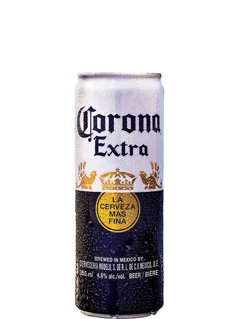 Corona Extra 啤酒罐裝 壁紙 — 一個冰凍的Corona Extra啤酒罐，表面佈滿冷凝水珠，背景為純白色。