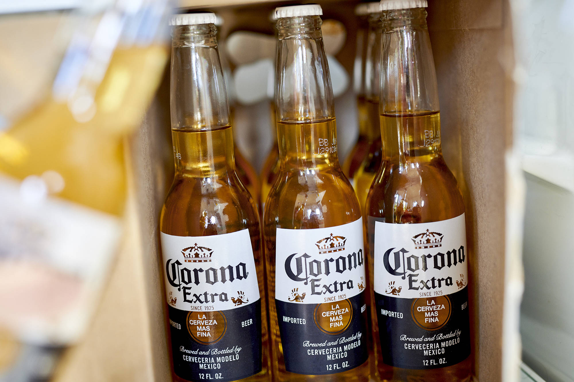 Corona Extra啤酒盒裝視角 壁紙 — 三瓶裝有金色液體的Corona Extra啤酒瓶放在一個紙箱中，背景柔和模糊。