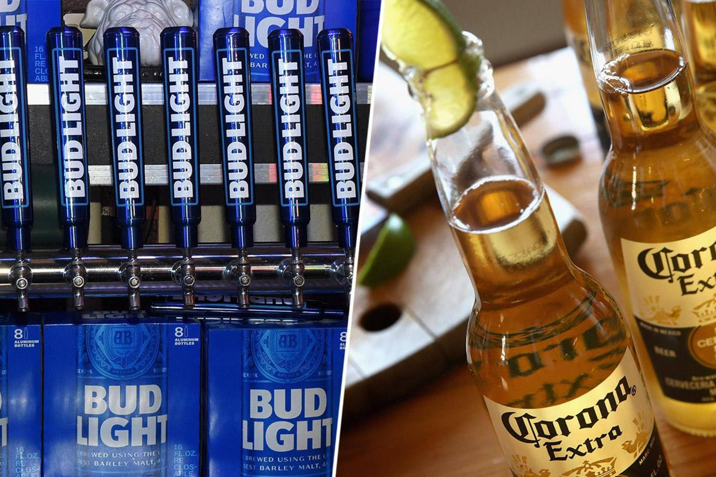 Corona Extra對決Budlight啤酒 壁紙 — 木桌上Bud Light啤酒龍頭與Corona Extra瓶裝及青檸角的拆分視圖。
