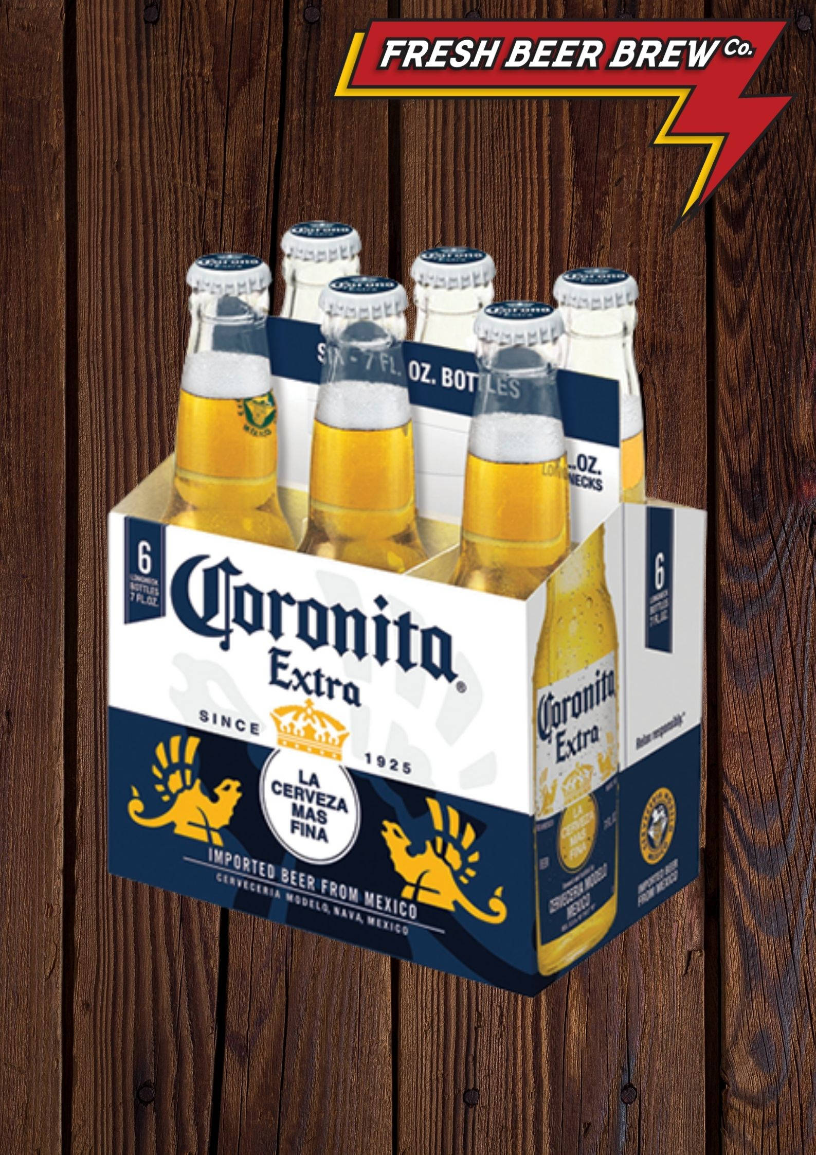 Corona Extra新鮮釀製啤酒海報 壁紙 — 一組六罐Corona Extra啤酒，頂部帶有泡沫，放置在質樸的木質表面上，光線明亮。