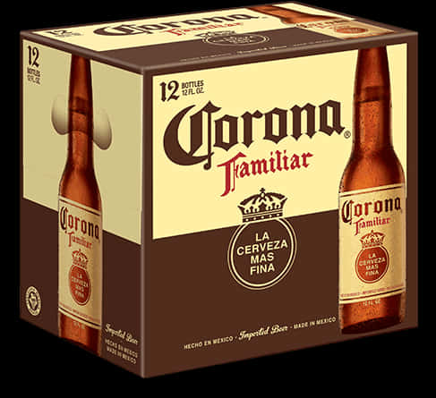 Corona Familiar啤酒盒與瓶裝 壁紙 — 一盒六罐裝的Corona Familiar啤酒，琥珀色瓶身配奶油棕色包裝，黑色背景。