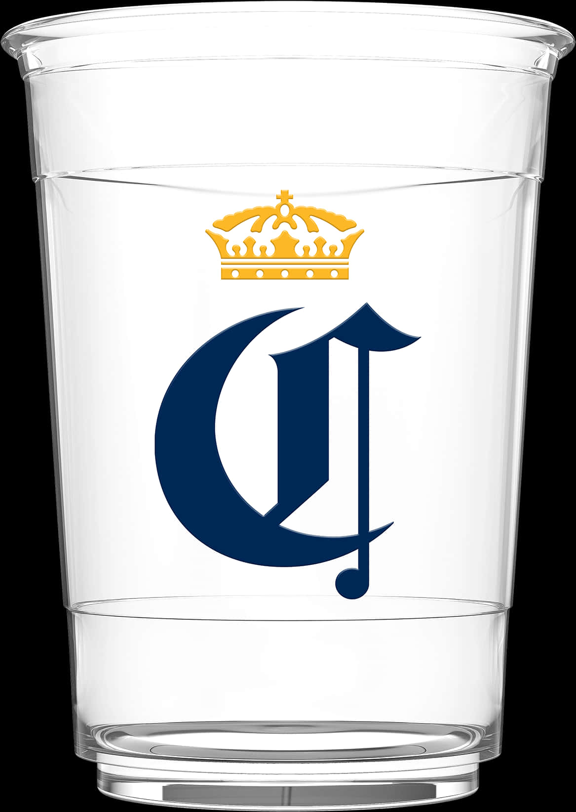 Corona啤酒玻璃杯標誌 壁紙 — 一個透明塑膠杯裝滿水，在黑色背景上展示一個海軍藍色風格化的「C」標誌，頂部有一個金色皇冠。
