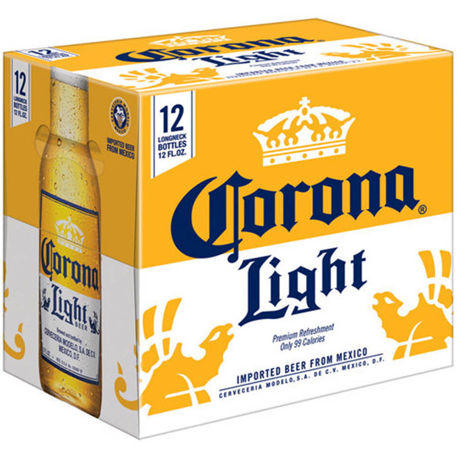 Corona Lights 12瓶長頸瓶裝 壁紙 — 一個亮黃色和白色的Corona Light啤酒盒，特色是帶有冷凝水珠的冰凍瓶子和標誌性皇冠標誌。