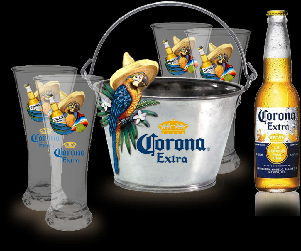 Corona啤酒促銷物品 壁紙 — 一瓶Corona Extra啤酒和品牌玻璃杯，一隻色彩繽紛的鸚鵡棲息在金屬桶上，背景為黑色。