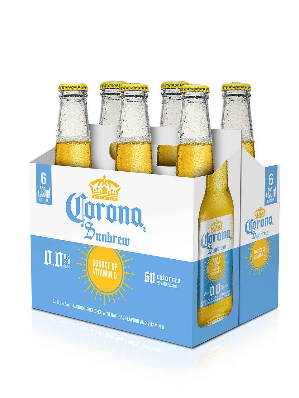 Corona 啤酒：六瓶裝清爽釀造 壁紙 — 六罐裝Corona Sunbrew無酒精啤酒，玻璃瓶上凝結水珠，純白背景。