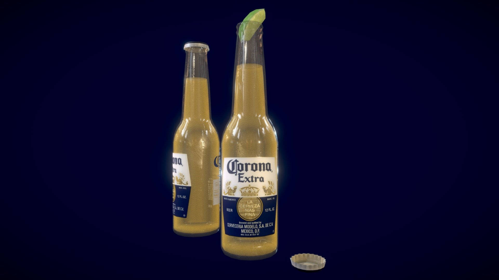 Corona 啤酒配檸檬 壁紙 — 兩瓶Corona Extra啤酒瓶，其中一瓶旁邊有青檸角和瓶蓋，在深藍色背景上發光。