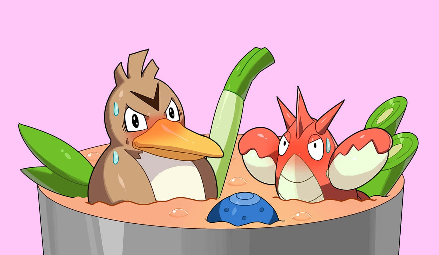 Corphish與Farfetch'd在燉菜中 壁紙 — 兩個卡通寵物小精靈角色浸喺一鍋有綠色蔬菜同藍色餃子嘅湯入面，睇嚟好苦惱。