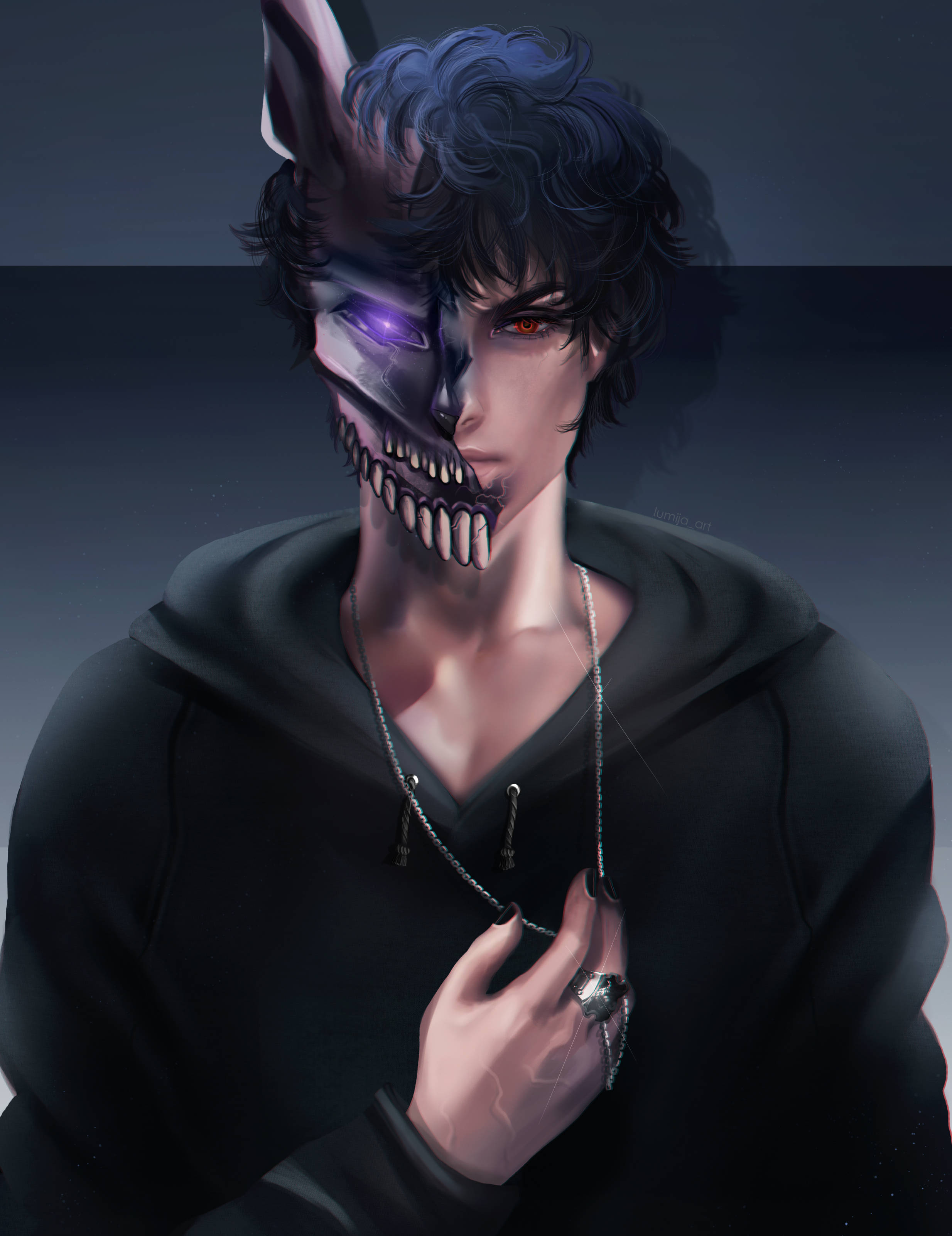 Corpse Husband 現實風格 數位藝術 壁紙 — 一個黑髮動漫角色，半人半骷髏臉，發光的紫色眼睛，穿著黑色連帽衫，拿著一條鏈條項鍊。