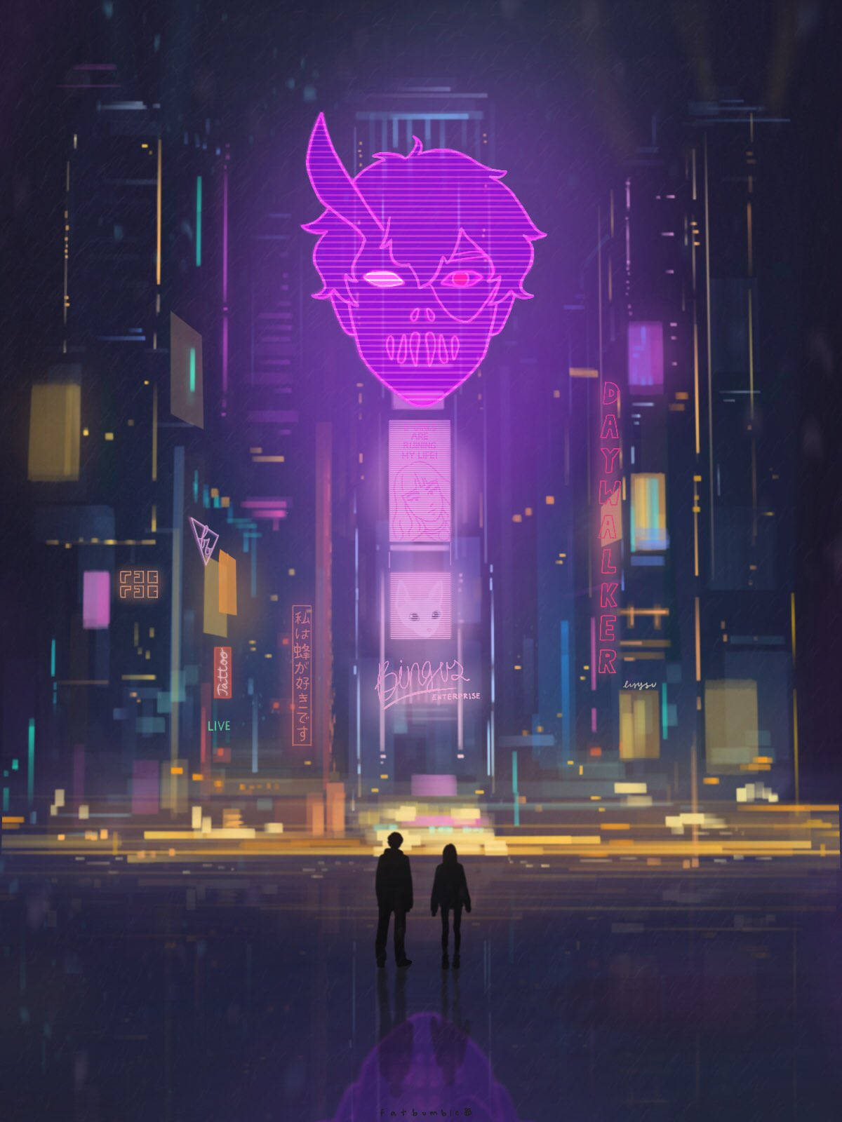 Corpse Husband 全息投影粉絲藝術 壁紙 — 兩個剪影人物站在雨濕的霓虹 cyberpunk 城市景觀中，下方是一個巨大的發光紫色動漫風格面孔廣告牌。