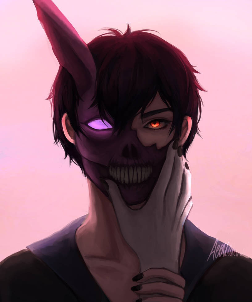 Corpse Husband 戴著面具 壁紙 — 一個深色頭髮的動漫角色，擁有發光的眼睛和骷髏面具，觸摸下巴對著柔和的粉紅色背景。