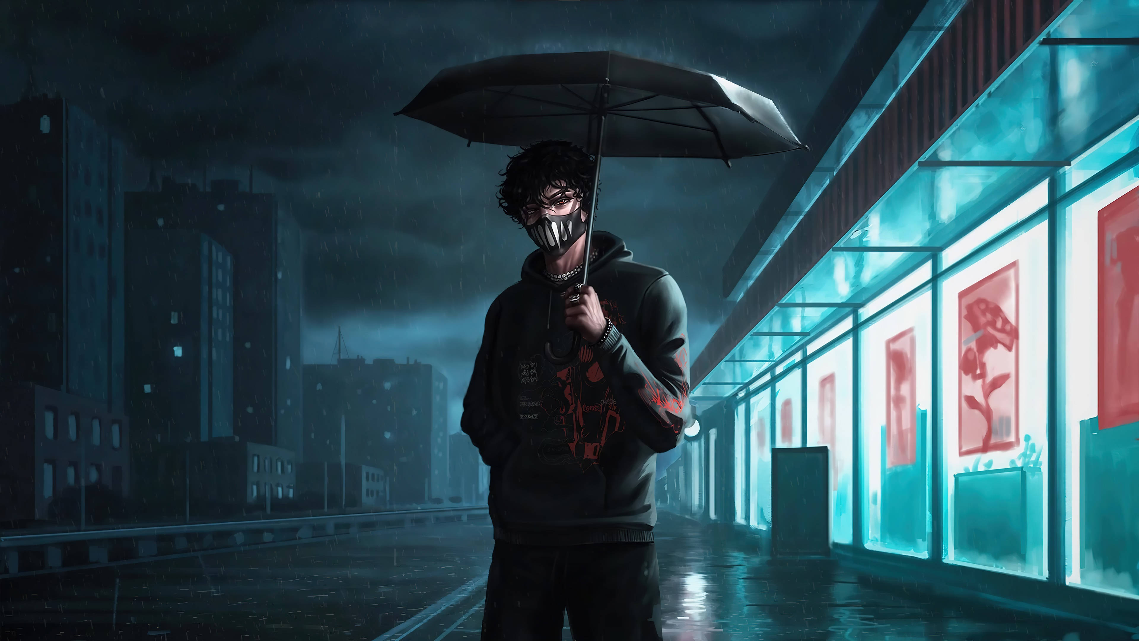 Corpse Husband 持傘 壁紙 — 一個戴著面具的人物撐著雨傘，獨自走在夜晚霓虹燈閃爍的雨城市街道上。