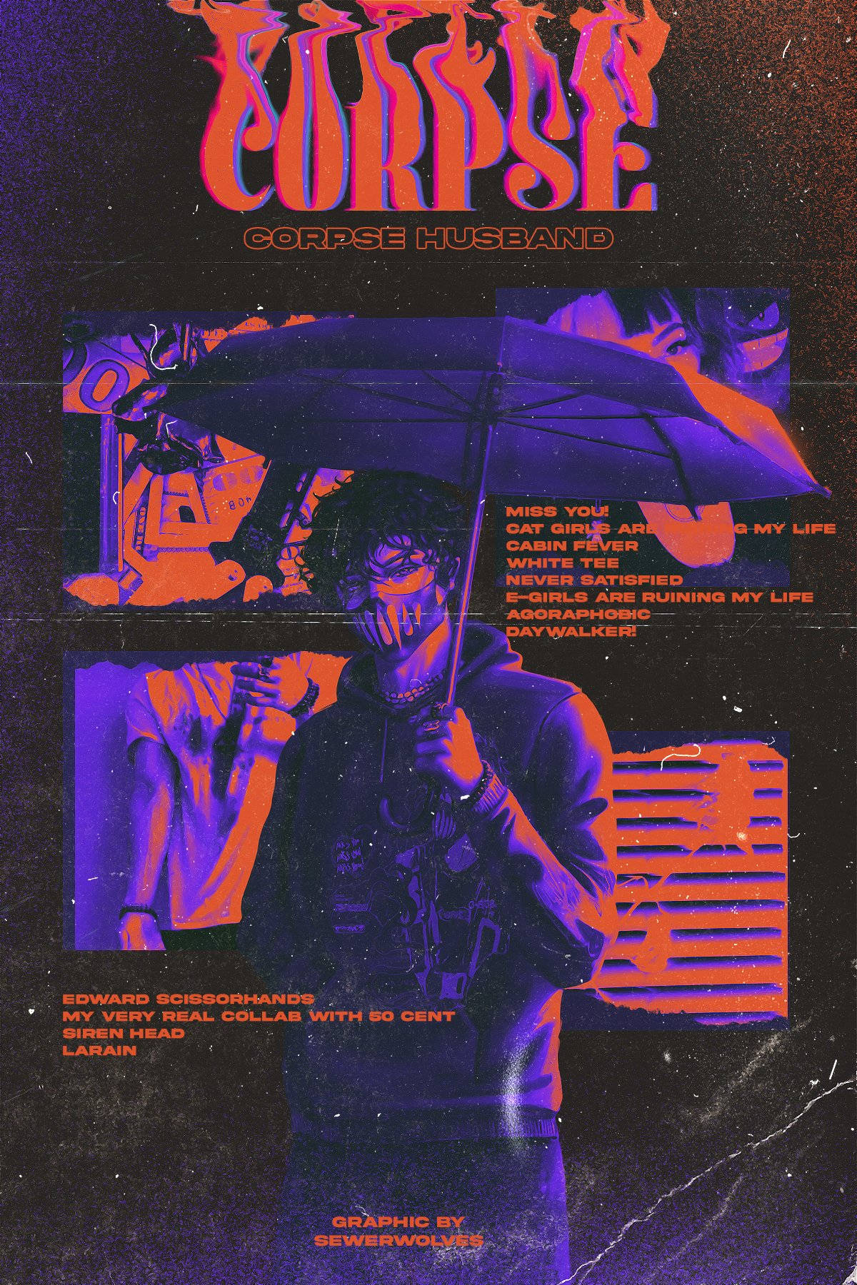 Corpse Husband 橙色藝術 壁紙 — 一張風格化的海報，描繪一個戴面具的人物在帶有故障效果的霓虹紫色和橙色文字下撐傘。