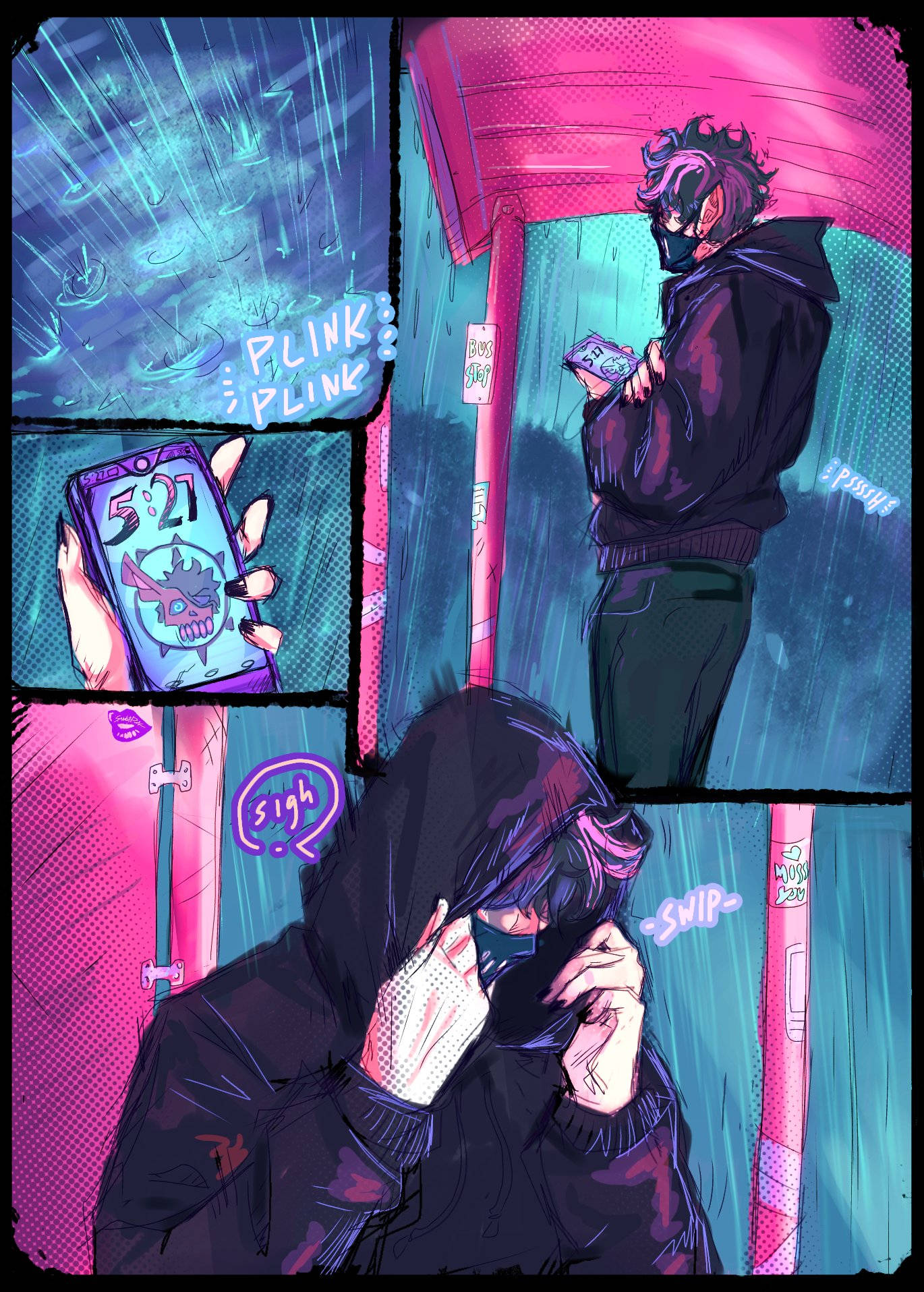 Corpse Husband 漫畫風格 壁紙 — 一個穿著連帽衫的年輕人站在被雨水浸透、霓虹燈照亮的小巷裡，疲憊地嘆了口氣，檢查手機，雨滴濺在玻璃上。