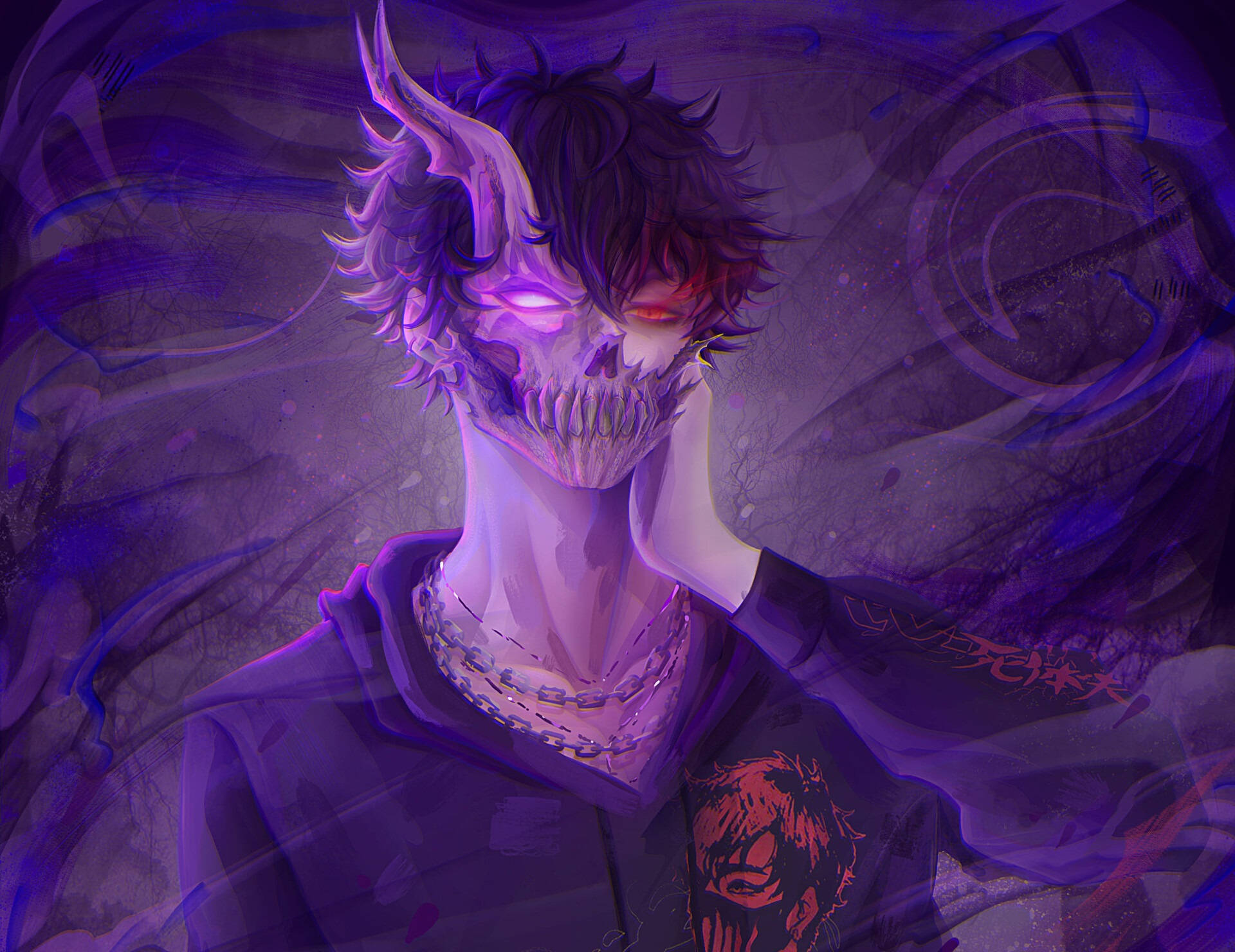 Corpse Husband 紫色藝術 壁紙 — 一個令人難忘的動漫角色，半邊骷髏臉和發光的眼睛，穿著連帽衫，背景是旋轉的紫色漩渦。