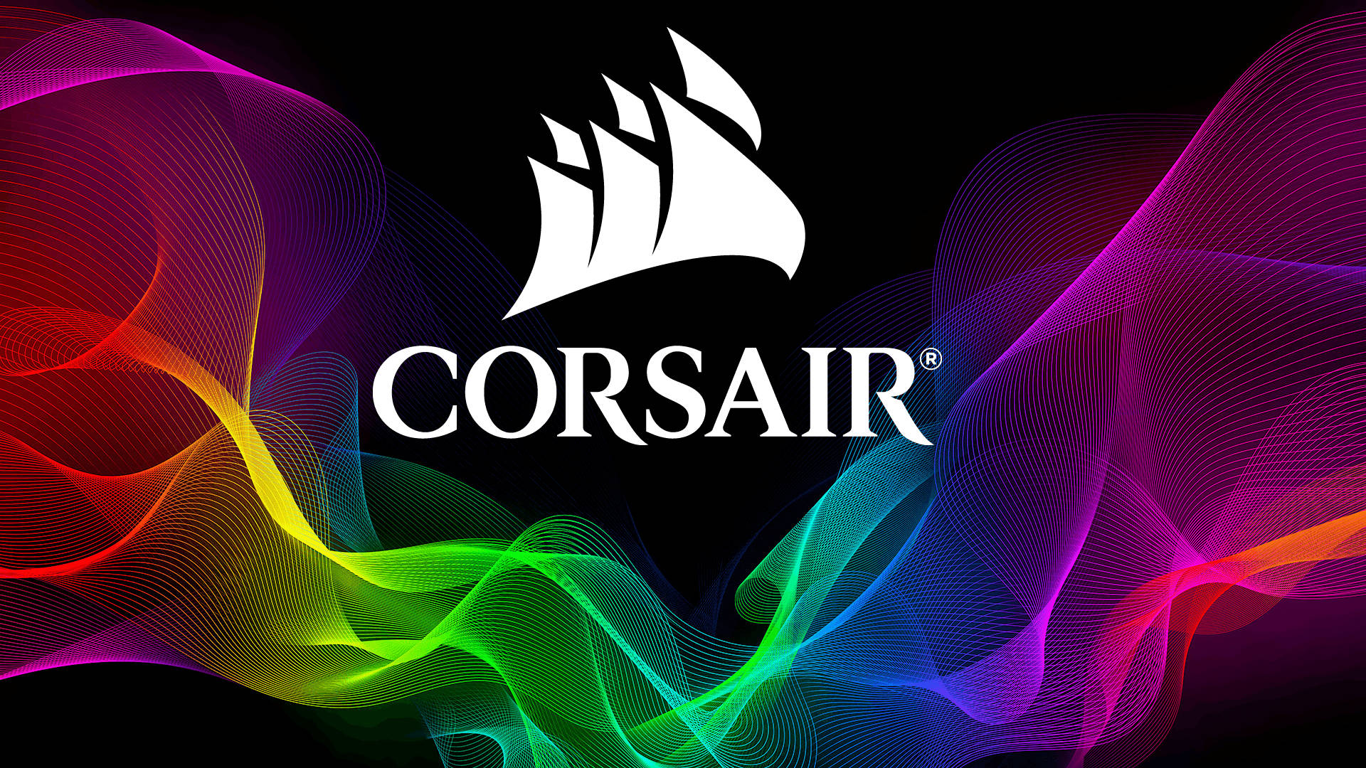 Corsair 標誌被彩色流動線條包圍在黑色背景上