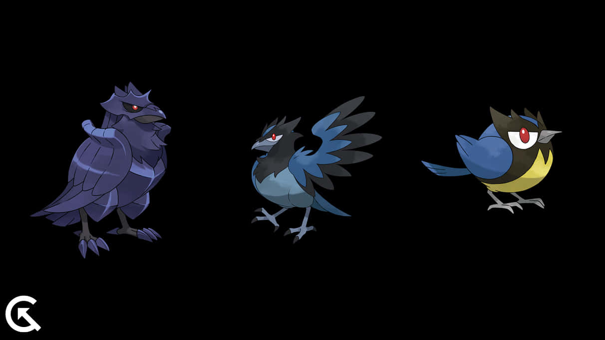 Corviknight、Corvisquire 與 Rookidee 壁紙 — 三隻風格化的鳥類寶可夢排成一排，背景為純黑色，每隻都有獨特的顏色和銳利的紅眼睛。