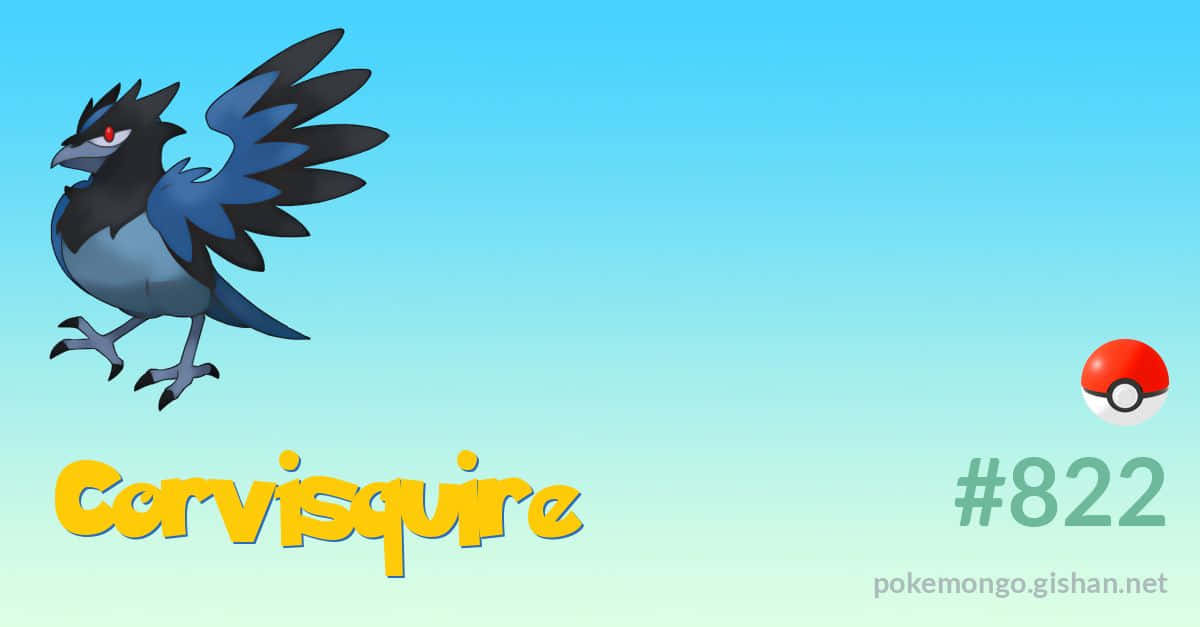 Corvisquire 海報高清壁紙 壁紙 — 一隻風格化的 Corvisquire 寶可夢在柔和漸變的天空中翱翔，顯示其名字和精靈球編號。
