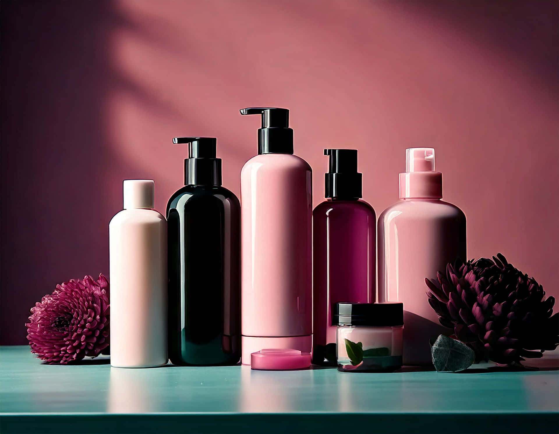 Cosmetic 壁紙 — 五個粉紅、黑色和洋紅色的光澤美容瓶立在青綠色表面上，兩側是深紫色花朵，在柔和粉紅燈光下。