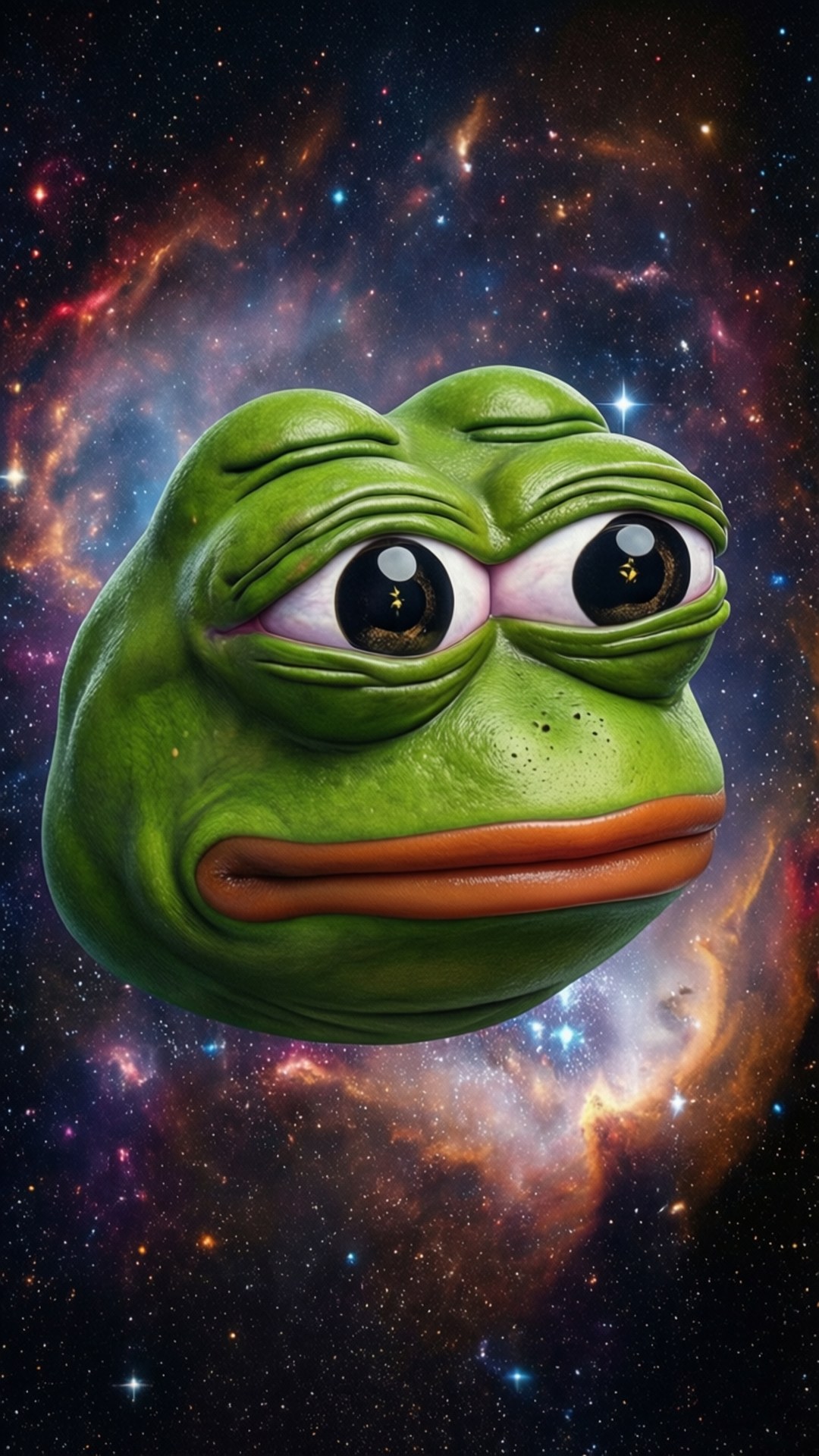 綠色青蛙臉，眼睛下垂，漂浮在色彩繽紛的星空星雲中