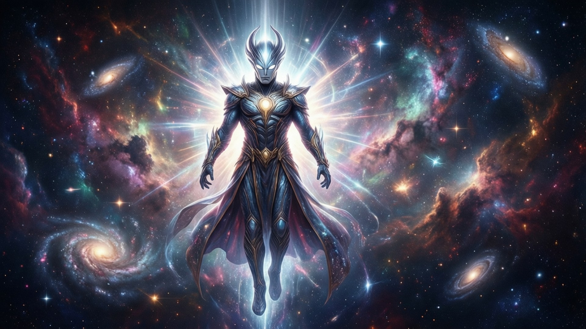 一位發光的裝甲戰士站在充滿星系和恆星的生動宇宙空間中。