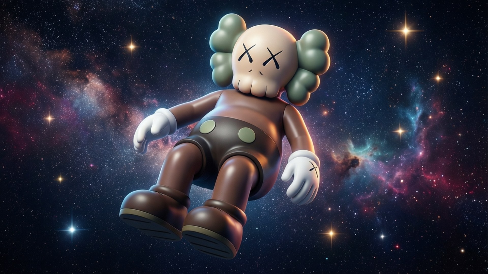 KAWS 人偶漂浮在色彩繽紛的星空星雲中