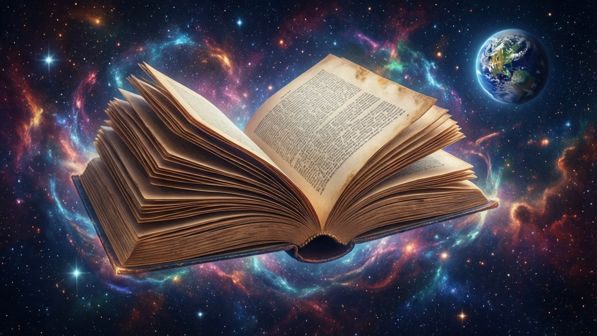 一本打開的書漂浮在色彩繽紛的星雲中，背景是地球。