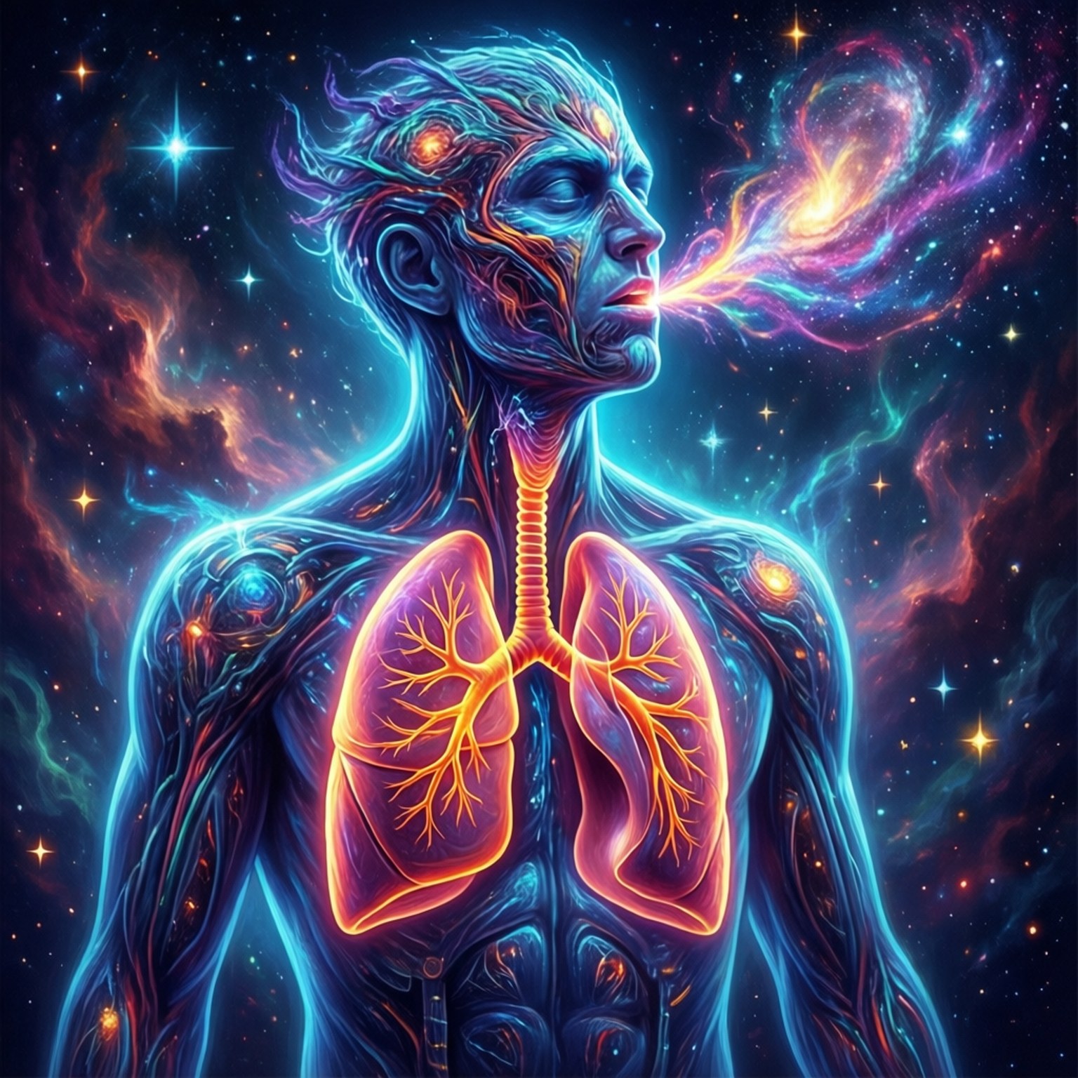 Cosmic Breath 壁紙 — 一個發光的人體，帶有半透明的肺部和從口中流出的宇宙能量，背景是星光熠熠的星雲。