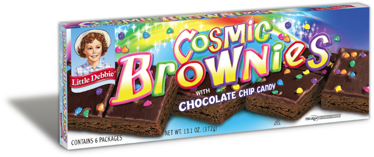 Cosmic Brownies Little Debbie 包裝 壁紙 — 一盒色彩繽紛的Cosmic Brownies，內含朱古力粒糖果，包裝上有微笑女孩和彩虹閃光。