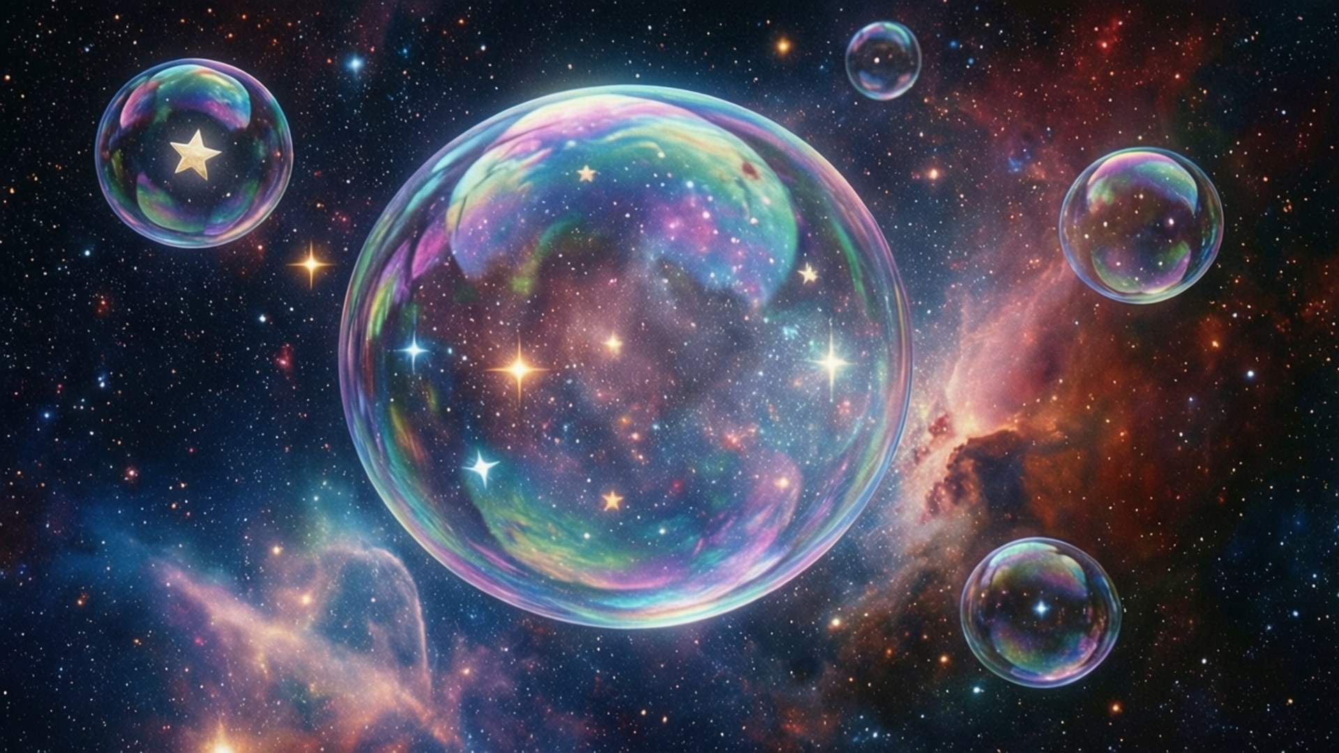 在色彩繽紛的星空中漂浮的彩虹色氣泡，伴有星雲和發光的星星