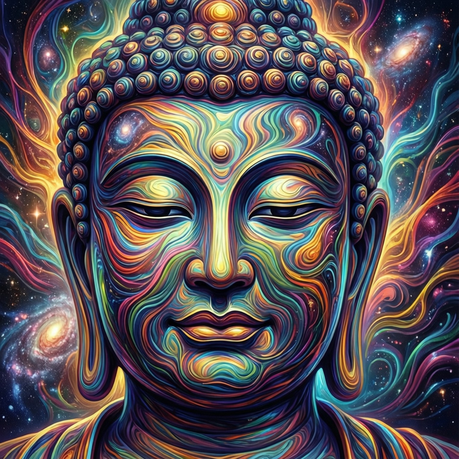 寧靜的佛陀面孔，帶有宇宙漩渦和鮮豔彩虹色的星系