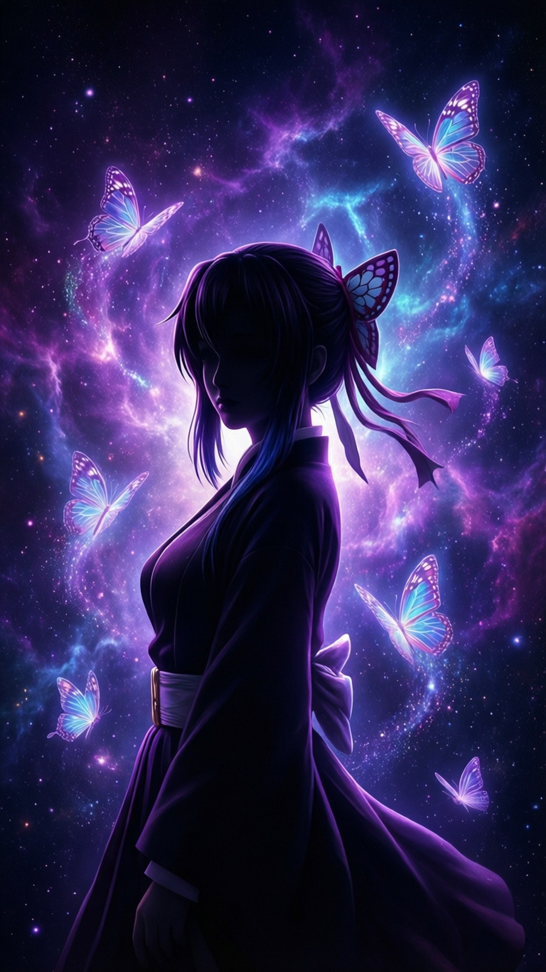 一個穿著深色長袍的女人站在宇宙星雲中，發光的蝴蝶在她周圍。